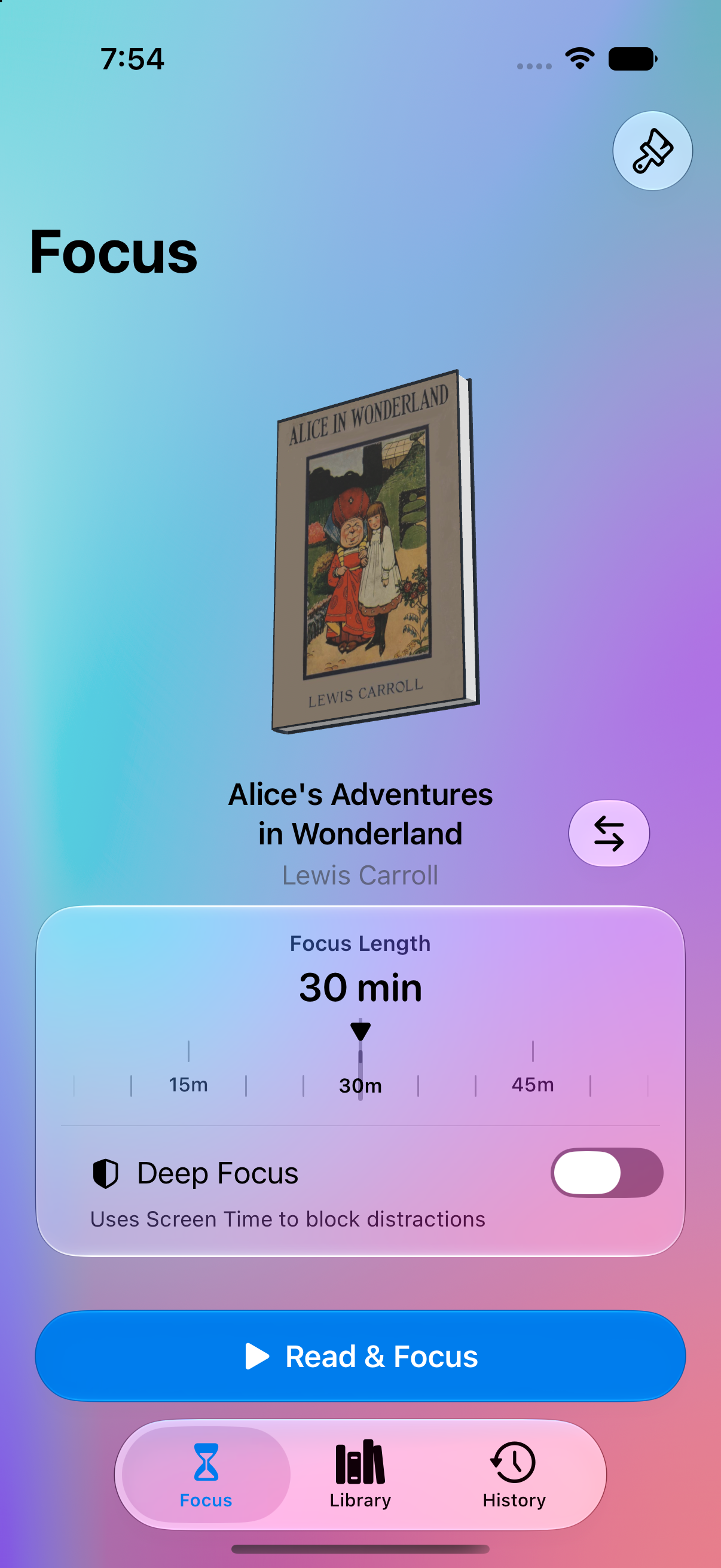 Actually Read Focus tab with a 30-minute reading timer.