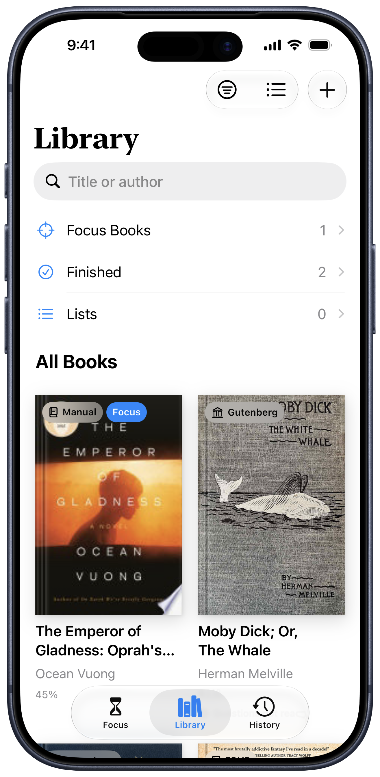 Actually Read library on an iPhone, showing The Emperor of Gladness and Moby Dick.