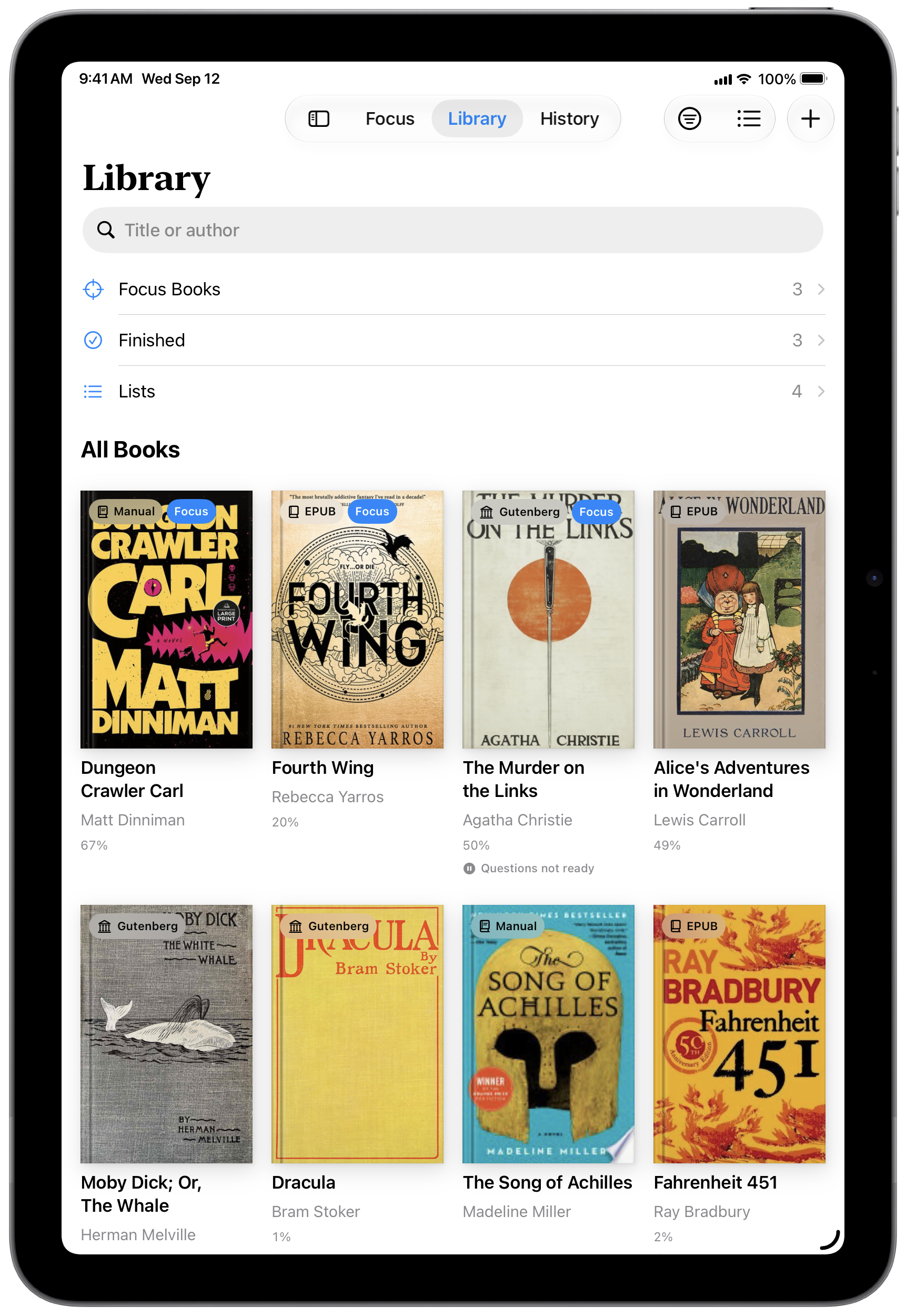 Actually Read library on an iPad, displaying a collection of books and reading progress.