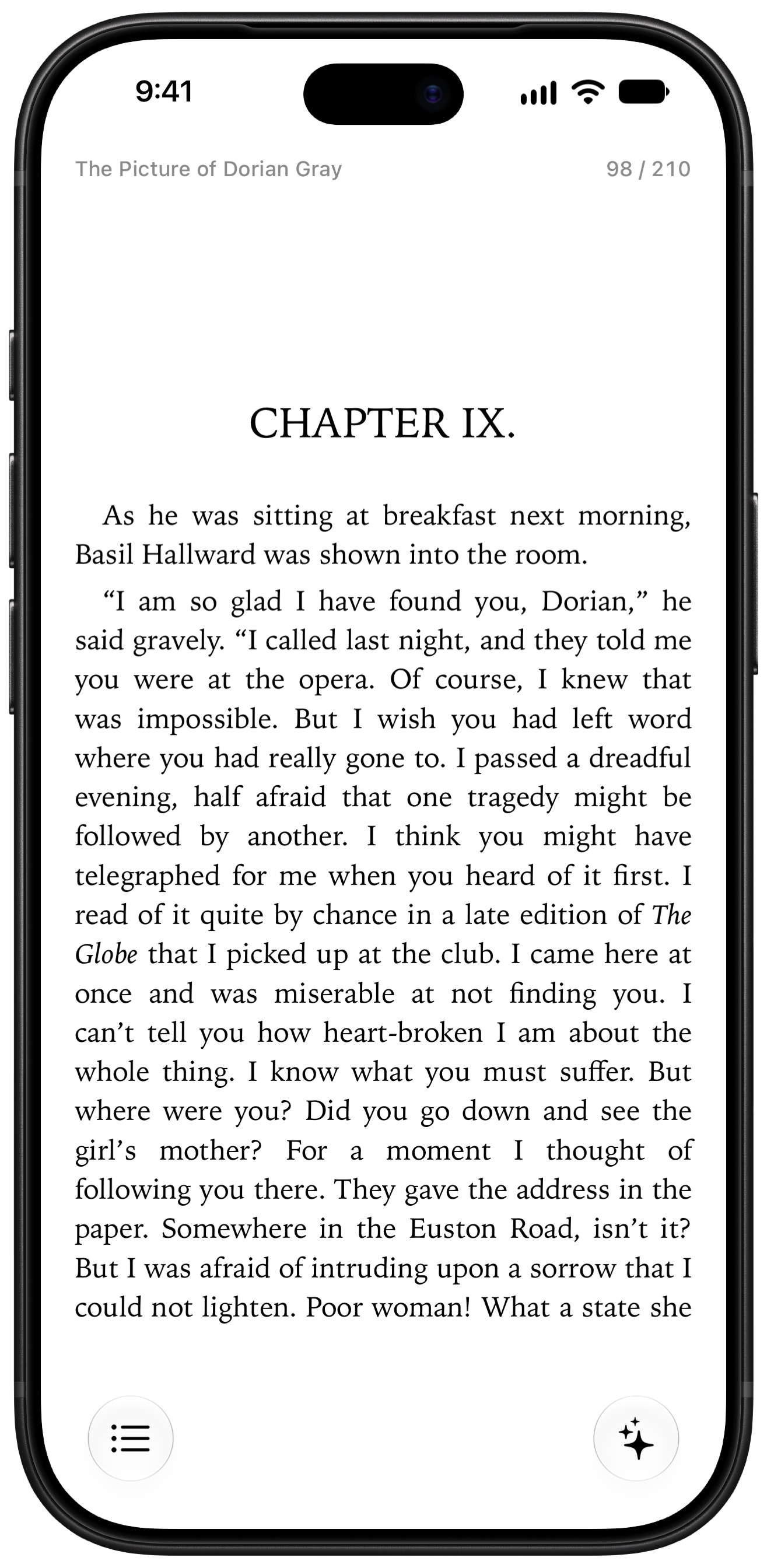Actually Read on an iPhone, displaying Chapter IX of The Picture of Dorian Gray.